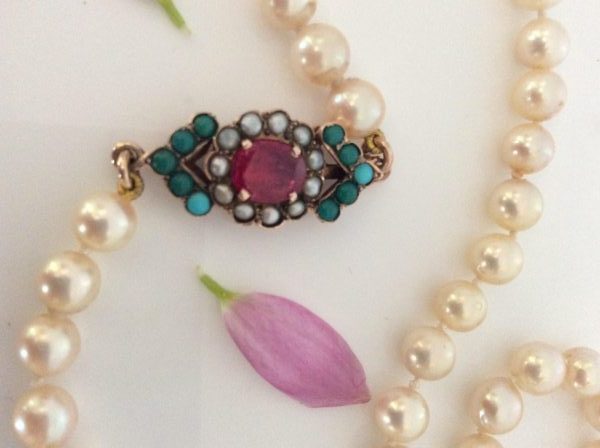 Antique Art Deco Ruby Turquoise and Pearl Set Pearl Necklace