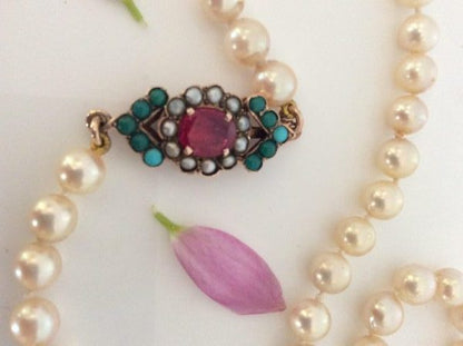 Antique Art Deco Ruby Turquoise and Pearl Set Pearl Necklace