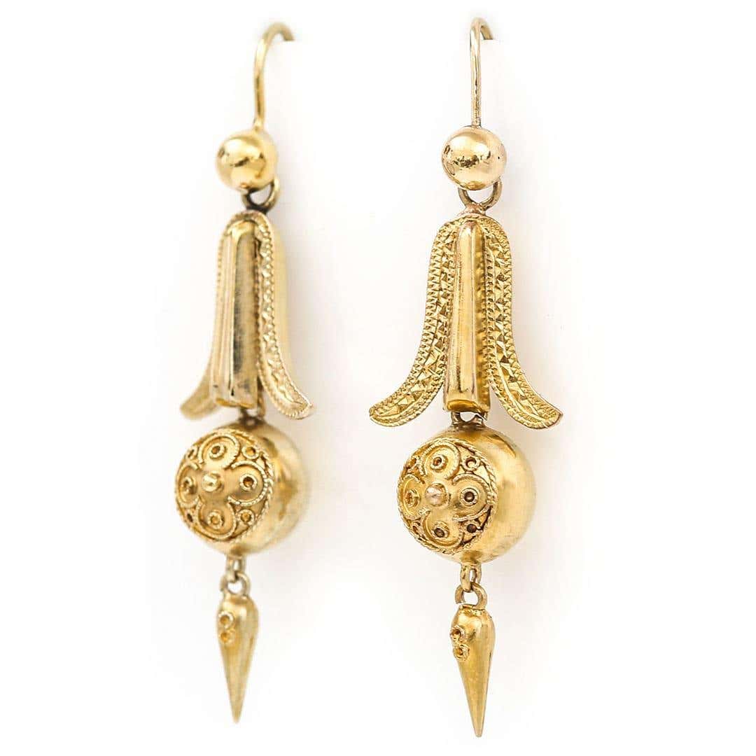 Antique Victorian Etruscan Drop Earrings Circa 1880