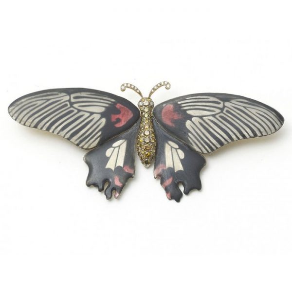 ENAMEL AND DIAMOND BUTTERFLY SILVER AND GOLD BROOCH