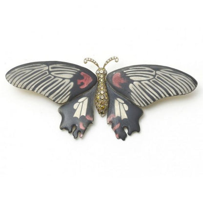 ENAMEL AND DIAMOND BUTTERFLY SILVER AND GOLD BROOCH