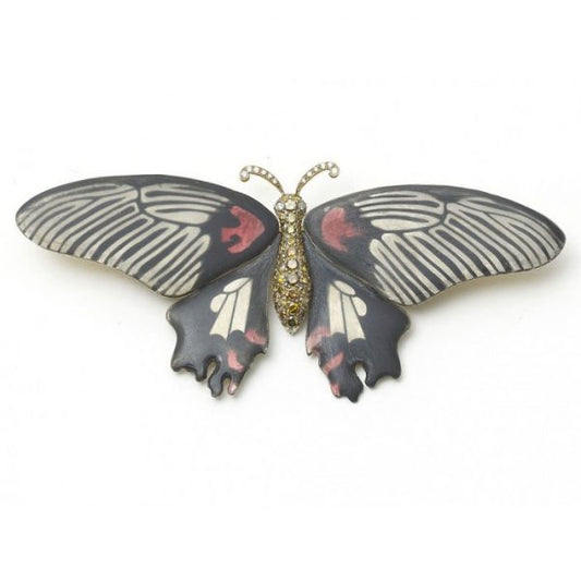 ENAMEL AND DIAMOND BUTTERFLY SILVER AND GOLD BROOCH
