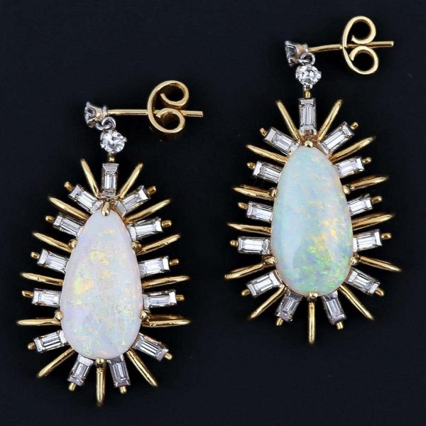 Vintage 18ct Gold Large Star Burst Opal and Diamond Drop Earrings, Circa 1960