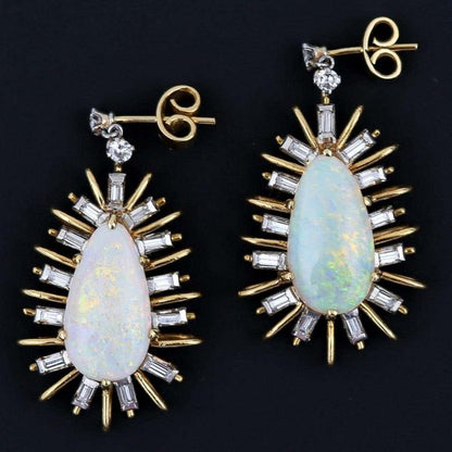 Vintage 18ct Gold Large Star Burst Opal and Diamond Drop Earrings, Circa 1960