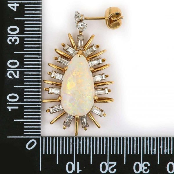 Vintage 18ct Gold Large Star Burst Opal and Diamond Drop Earrings, Circa 1960