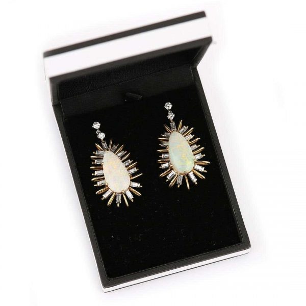 Vintage 18ct Gold Large Star Burst Opal and Diamond Drop Earrings, Circa 1960