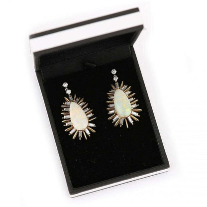 Vintage 18ct Gold Large Star Burst Opal and Diamond Drop Earrings, Circa 1960