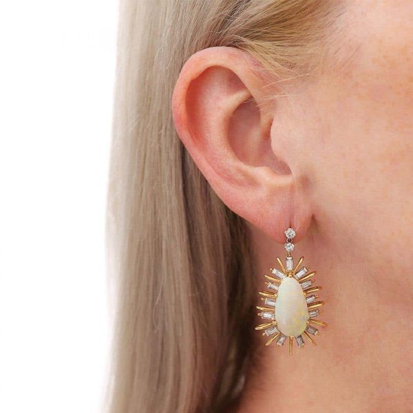 Vintage 18ct Gold Large Star Burst Opal and Diamond Drop Earrings, Circa 1960