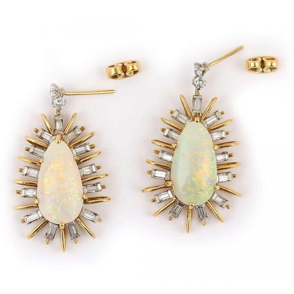 Vintage 18ct Gold Large Star Burst Opal and Diamond Drop Earrings, Circa 1960