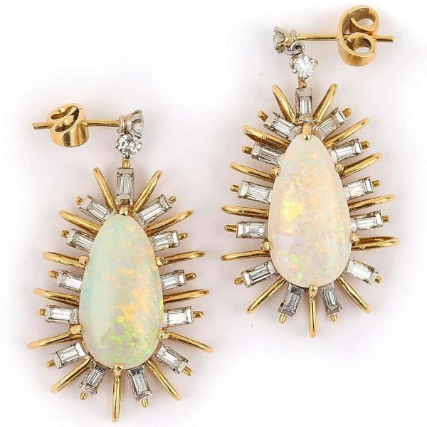 Vintage 18ct Gold Large Star Burst Opal and Diamond Drop Earrings, Circa 1960