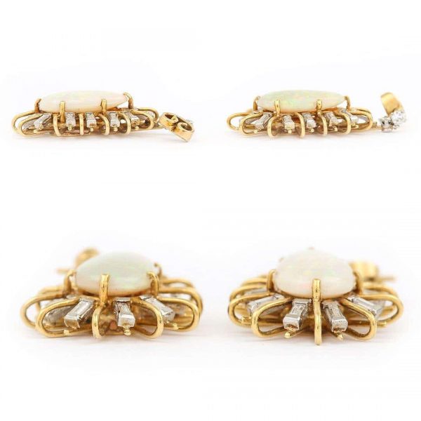 Vintage 18ct Gold Large Star Burst Opal and Diamond Drop Earrings, Circa 1960