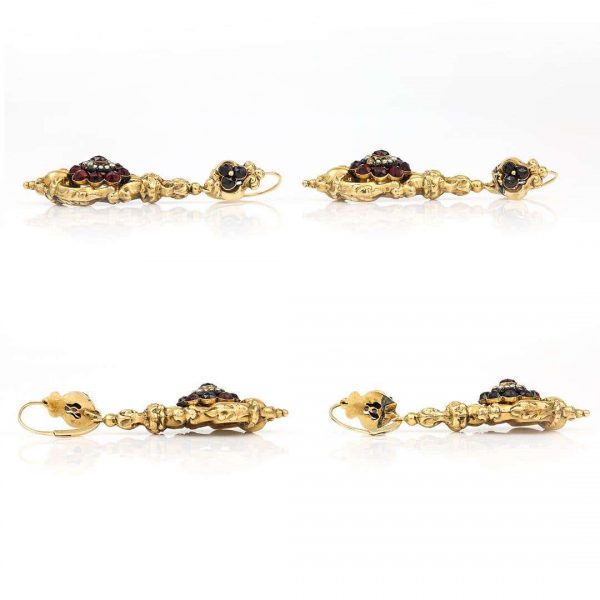 Antique Late Georgian 18ct Gold Garnet Cluster and Seed Pearl Drop Earrings