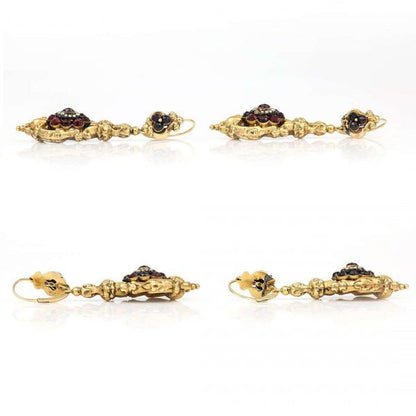 Antique Late Georgian 18ct Gold Garnet Cluster and Seed Pearl Drop Earrings