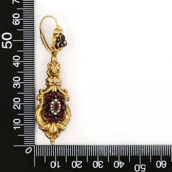 Antique Late Georgian 18ct Gold Garnet Cluster and Seed Pearl Drop Earrings