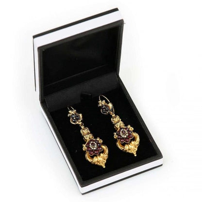 Antique Late Georgian 18ct Gold Garnet Cluster and Seed Pearl Drop Earrings