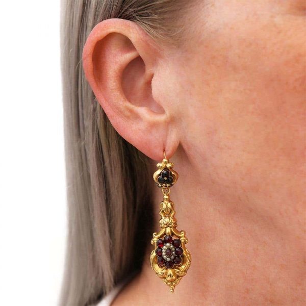 Antique Late Georgian 18ct Gold Garnet Cluster and Seed Pearl Drop Earrings