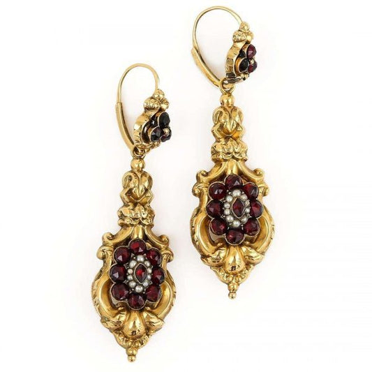 Antique Late Georgian 18ct Gold Garnet Cluster and Seed Pearl Drop Earrings