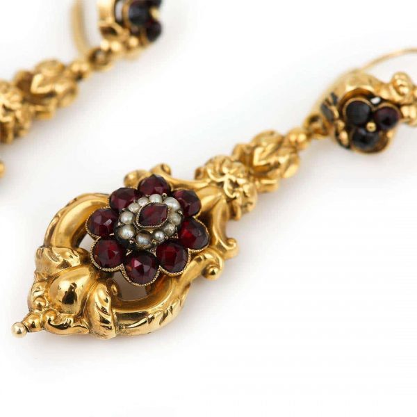 Antique Late Georgian 18ct Gold Garnet Cluster and Seed Pearl Drop Earrings