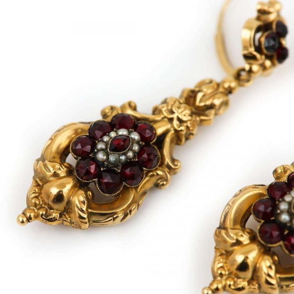 Antique Late Georgian 18ct Gold Garnet Cluster and Seed Pearl Drop Earrings