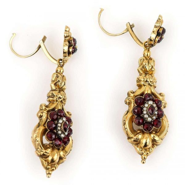 Antique Late Georgian 18ct Gold Garnet Cluster and Seed Pearl Drop Earrings