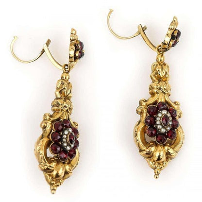 Antique Late Georgian 18ct Gold Garnet Cluster and Seed Pearl Drop Earrings