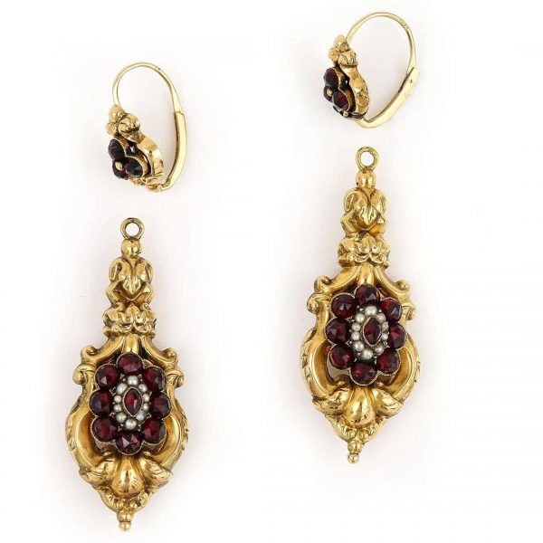 Antique Late Georgian 18ct Gold Garnet Cluster and Seed Pearl Drop Earrings