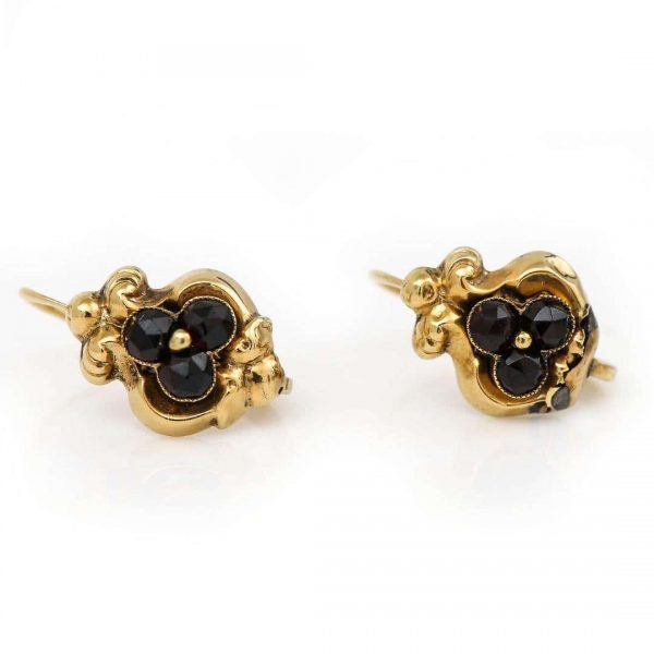 Antique Late Georgian 18ct Gold Garnet Cluster and Seed Pearl Drop Earrings