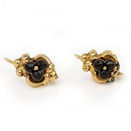 Antique Late Georgian 18ct Gold Garnet Cluster and Seed Pearl Drop Earrings