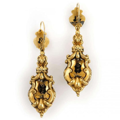 Antique Late Georgian 18ct Gold Garnet Cluster and Seed Pearl Drop Earrings