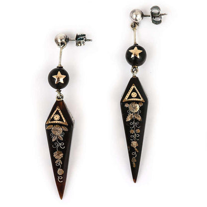 Antique Victorian Yellow Gold and Silver Pique Drop Earrings, Circa 1870