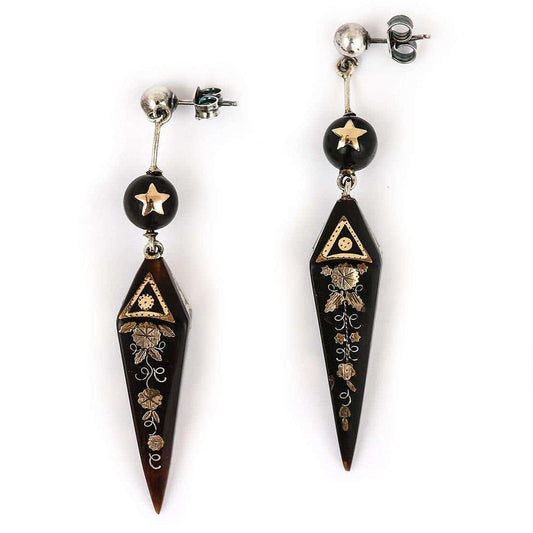 Antique Victorian Yellow Gold and Silver Pique Drop Earrings, Circa 1870
