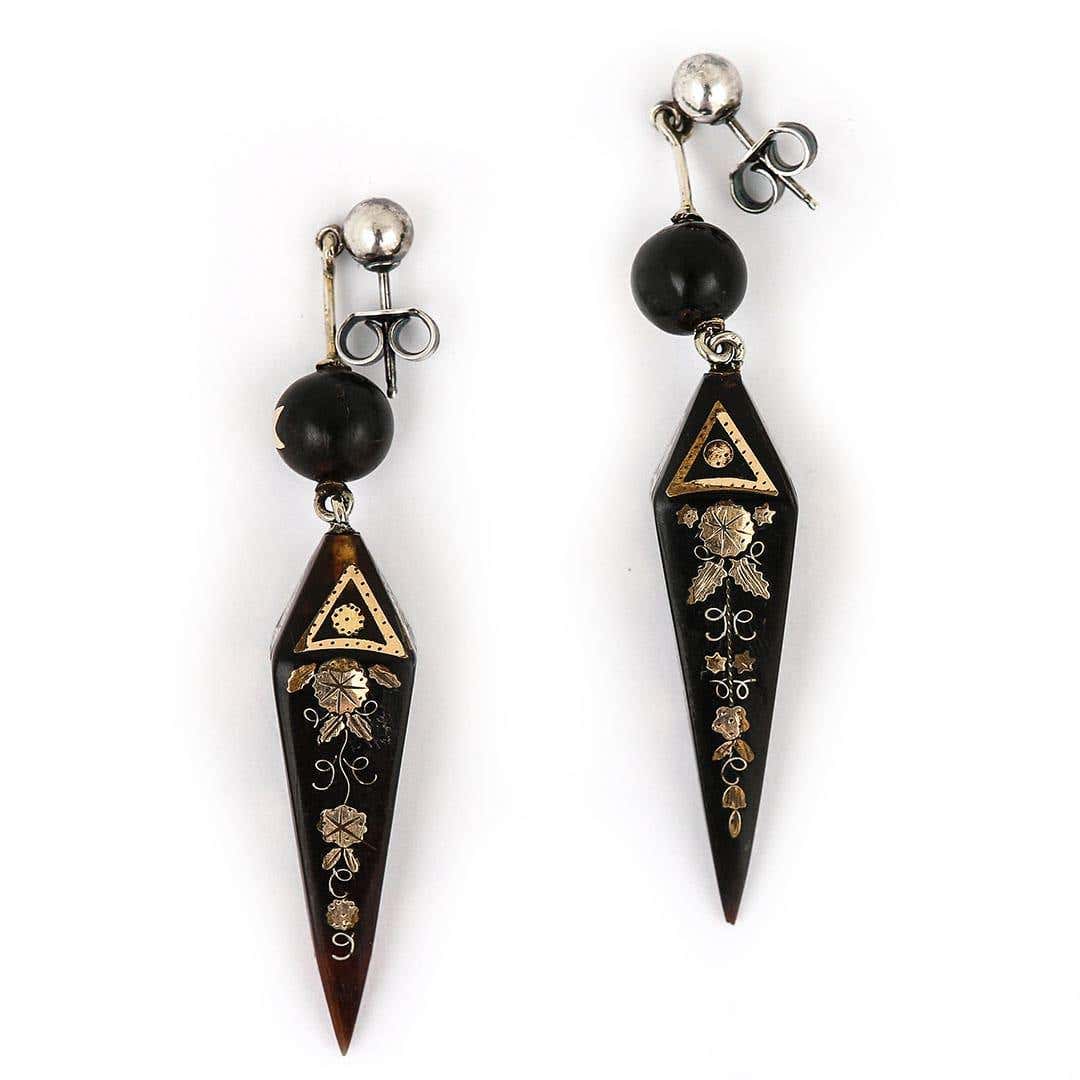 Antique Victorian Yellow Gold and Silver Pique Drop Earrings, Circa 1870