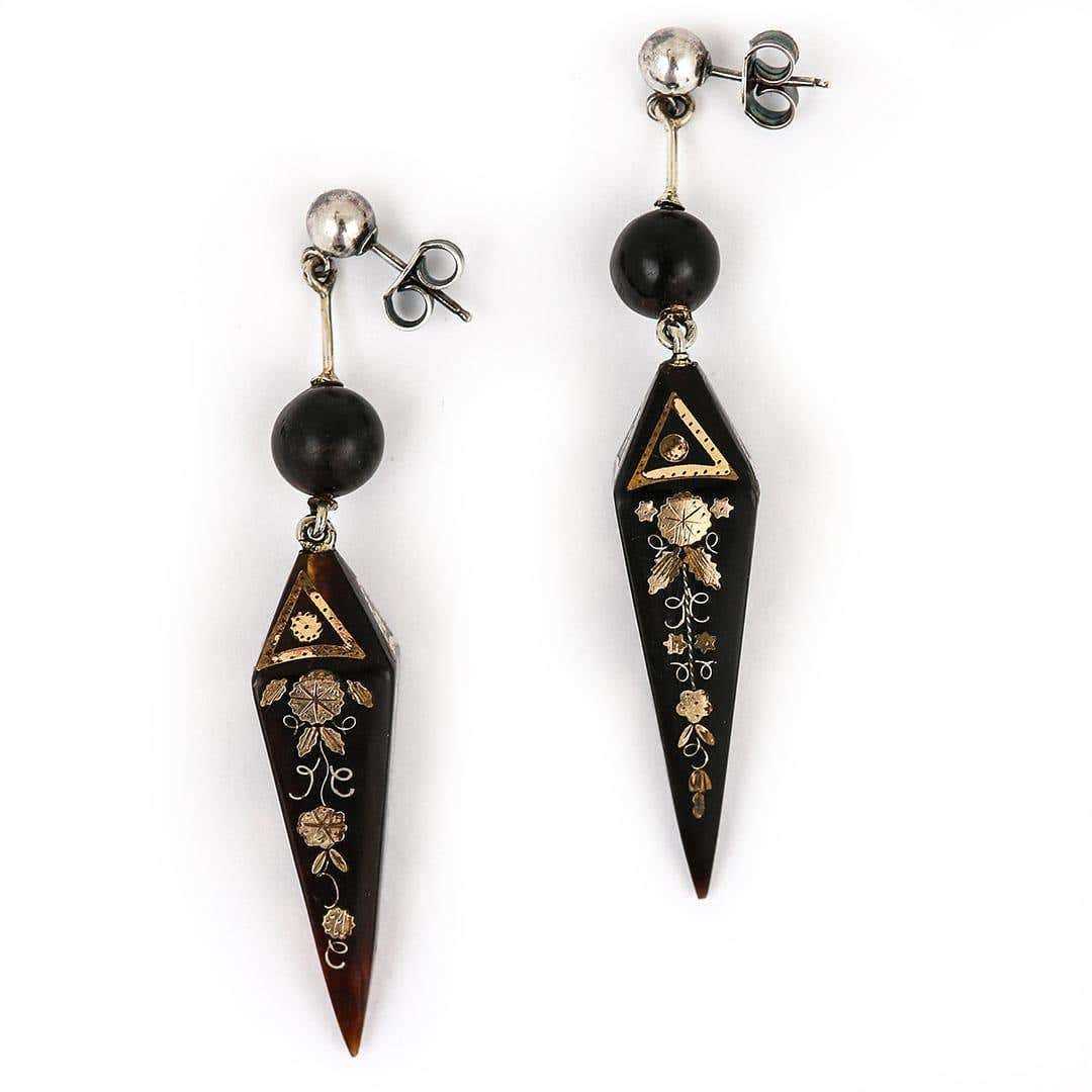 Antique Victorian Yellow Gold and Silver Pique Drop Earrings, Circa 1870