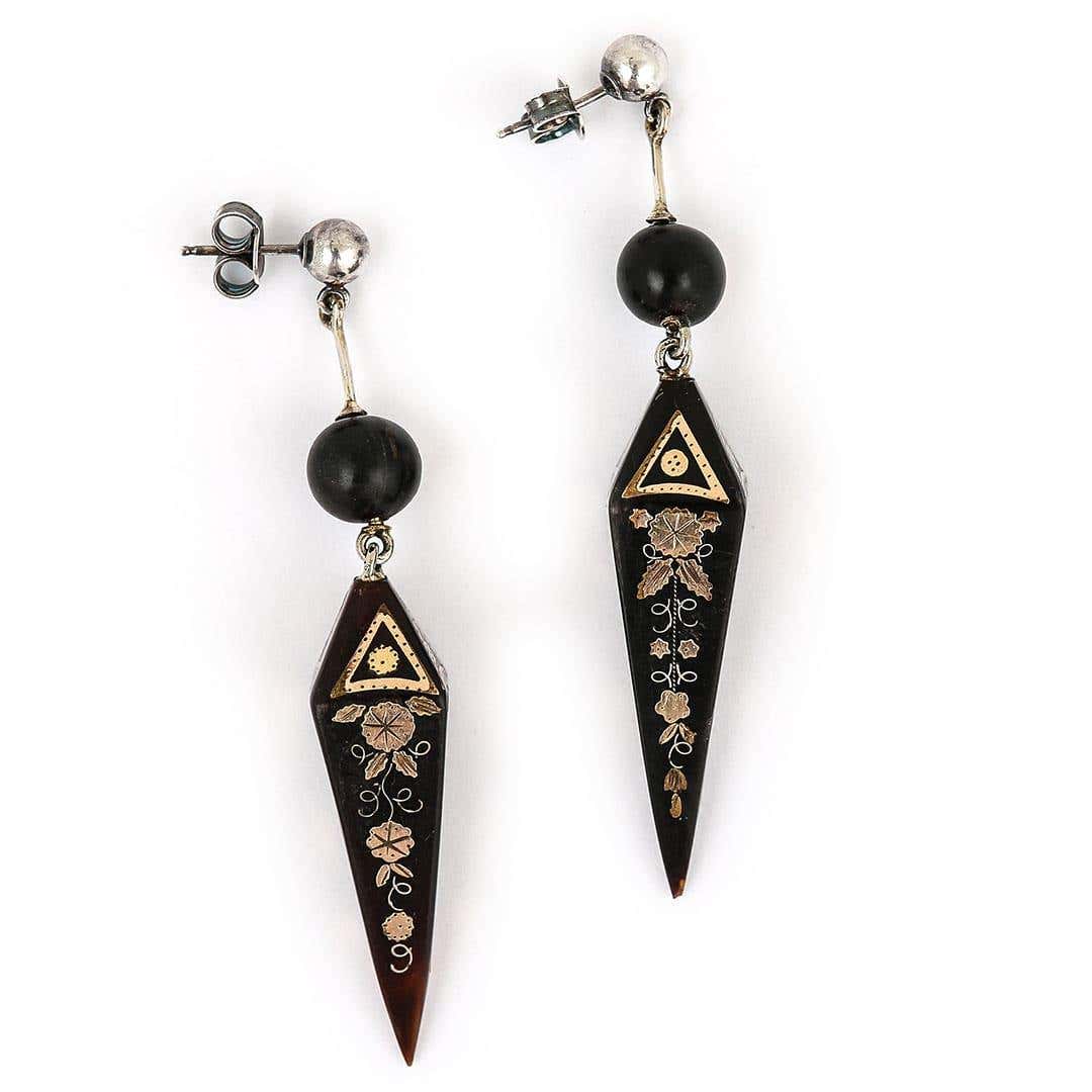 Antique Victorian Yellow Gold and Silver Pique Drop Earrings, Circa 1870
