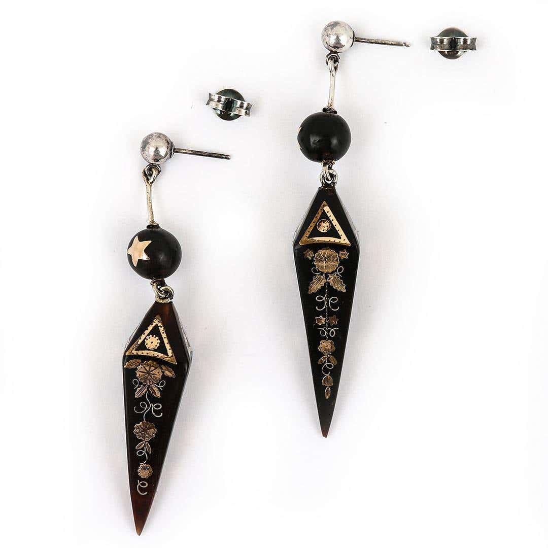 Antique Victorian Yellow Gold and Silver Pique Drop Earrings, Circa 1870