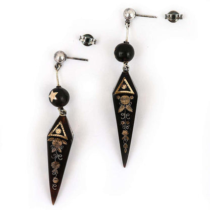 Antique Victorian Yellow Gold and Silver Pique Drop Earrings, Circa 1870