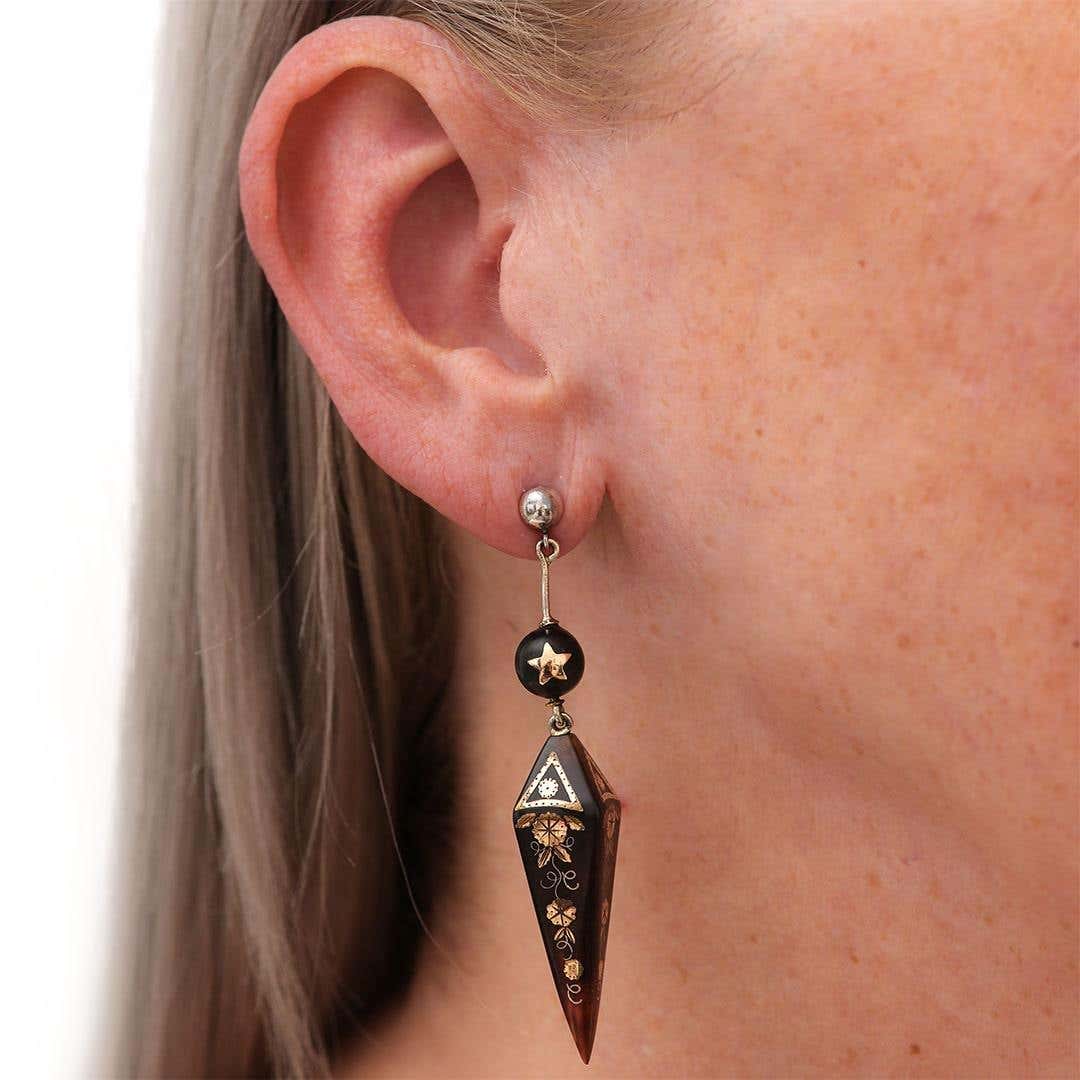 Antique Victorian Yellow Gold and Silver Pique Drop Earrings, Circa 1870