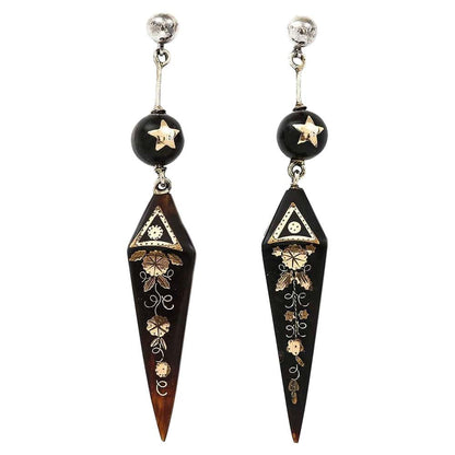 Antique Victorian Yellow Gold and Silver Pique Drop Earrings, Circa 1870