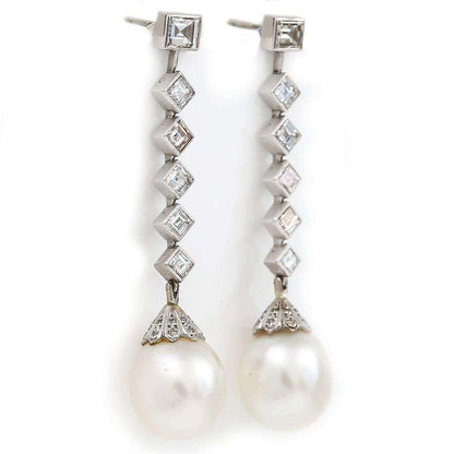 Contemporary 18ct White Gold Pearl and 3.10ct Diamond Drop Earrings