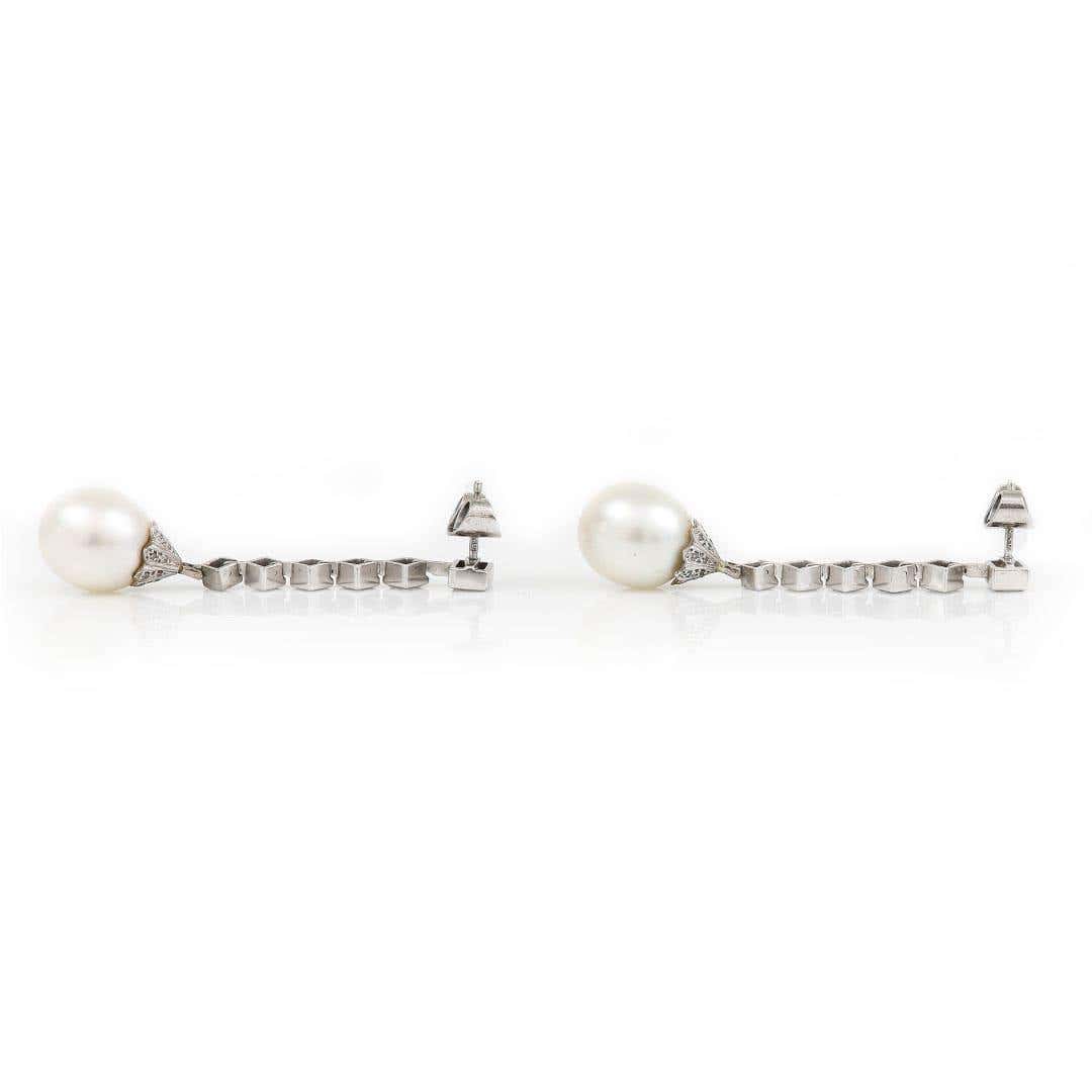 Contemporary 18ct White Gold Pearl and 3.10ct Diamond Drop Earrings