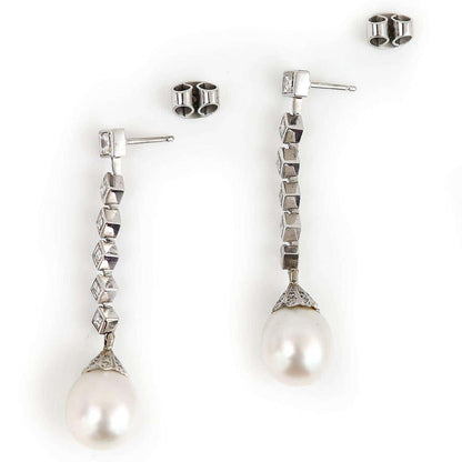 Contemporary 18ct White Gold Pearl and 3.10ct Diamond Drop Earrings