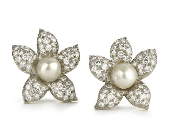 Pearl Diamond Gold Platinum Flower Earrings