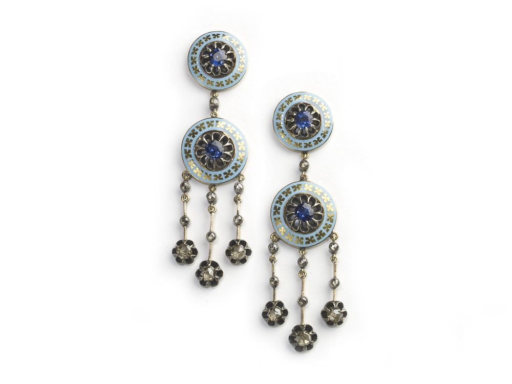 Vintage Enamel, Diamond and Sapphire Drop Earrings