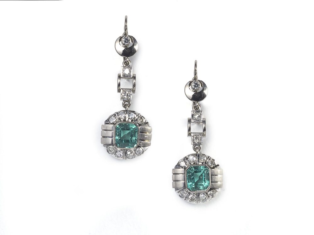 Antique Art Deco Emerald Diamond Earrings