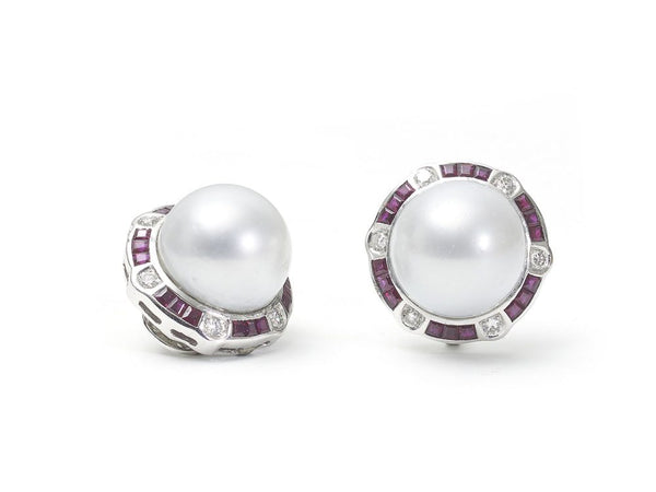 Pearl Ruby Diamond Platinum Earrings