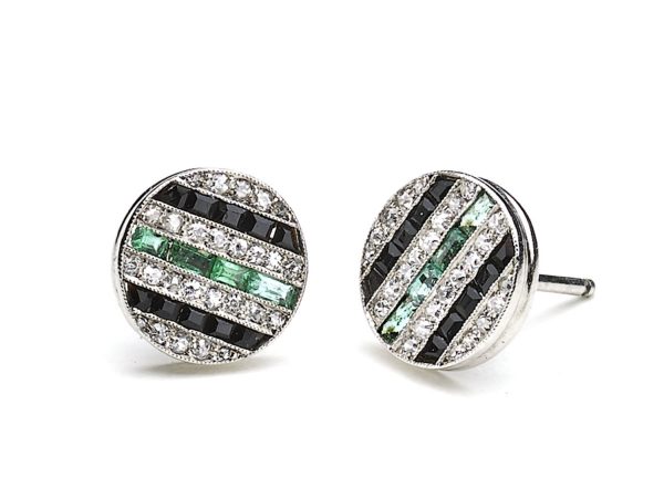 Antique Art Deco Diamond Black Onyx and Emerald Stud Earrings