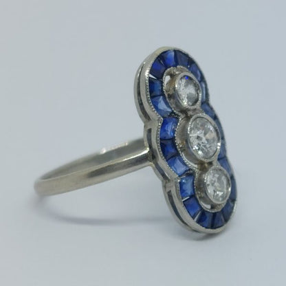 Art Deco Antique Old Mine Cut Diamond and Sapphire Ring