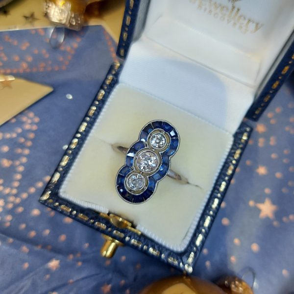 Art Deco Antique Old Mine Cut Diamond and Sapphire Ring