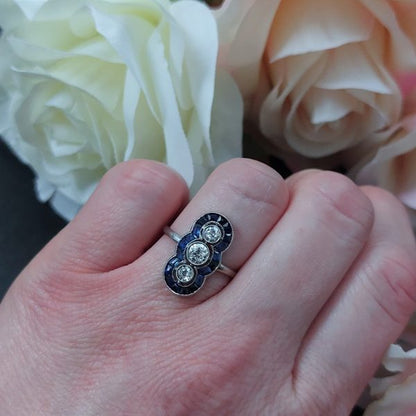 Art Deco Antique Old Mine Cut Diamond and Sapphire Ring