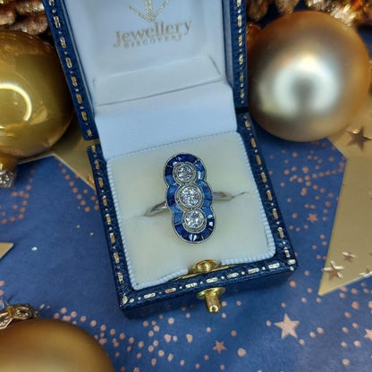 Art Deco Antique Old Mine Cut Diamond and Sapphire Ring